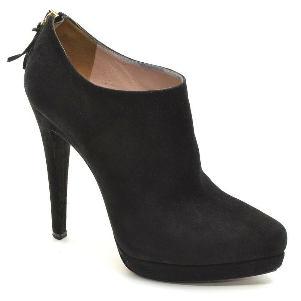 Miu Miu Black Suede Back Zip High Heel Bootie 37.5